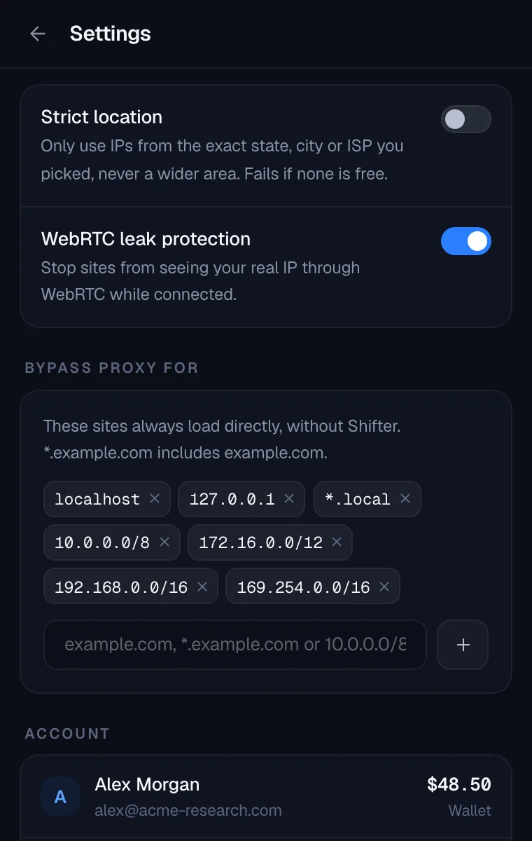 Shifter扩展设置中的严格位置、WebRTC泄漏保护和绕行列表